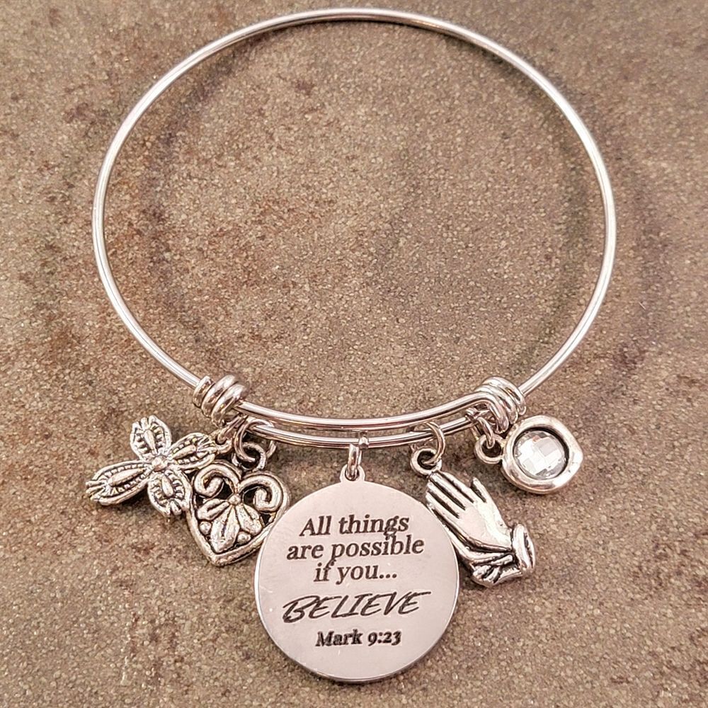 Expandable Believe All Things Are Possible Saying Charm Bracelet